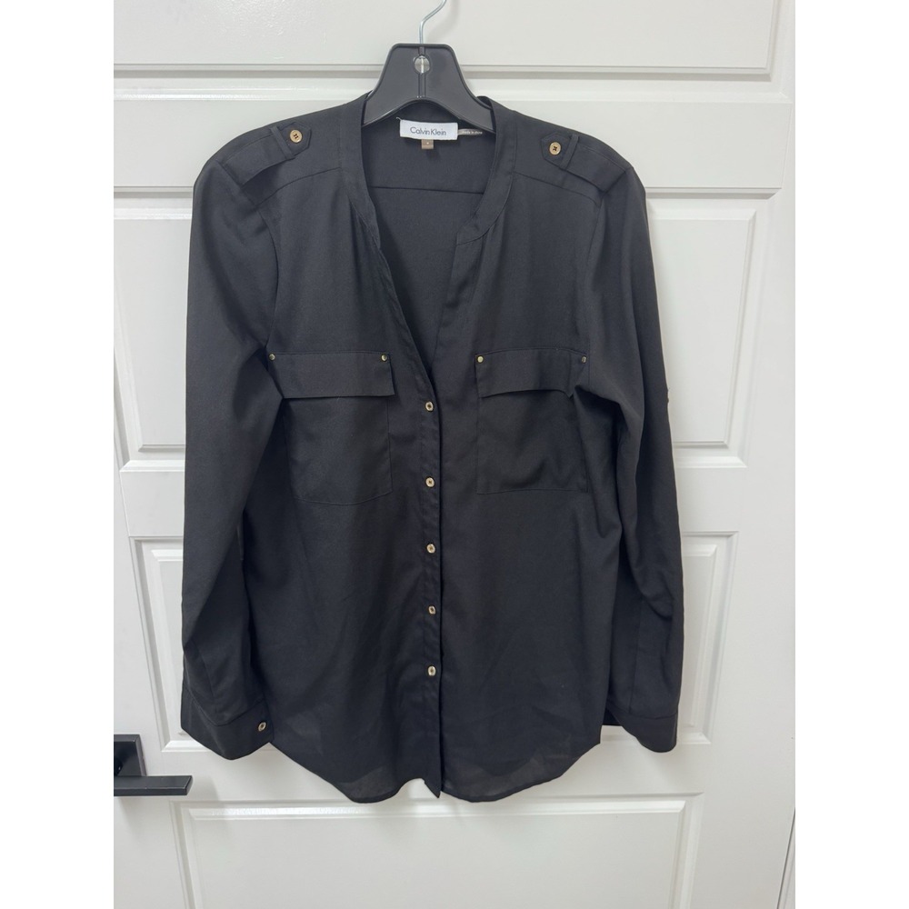 Calvin Klein Women Black Blouse Gold Button Roll Tab Sleeve Top Small